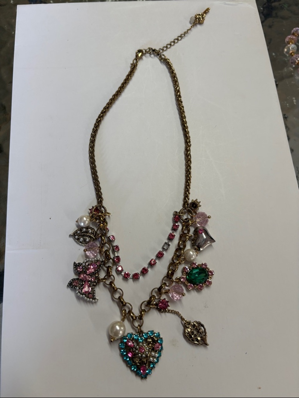 Betsey Johnson Gold-Tone Multicharm Necklace with Pink, Teal & Green Accents